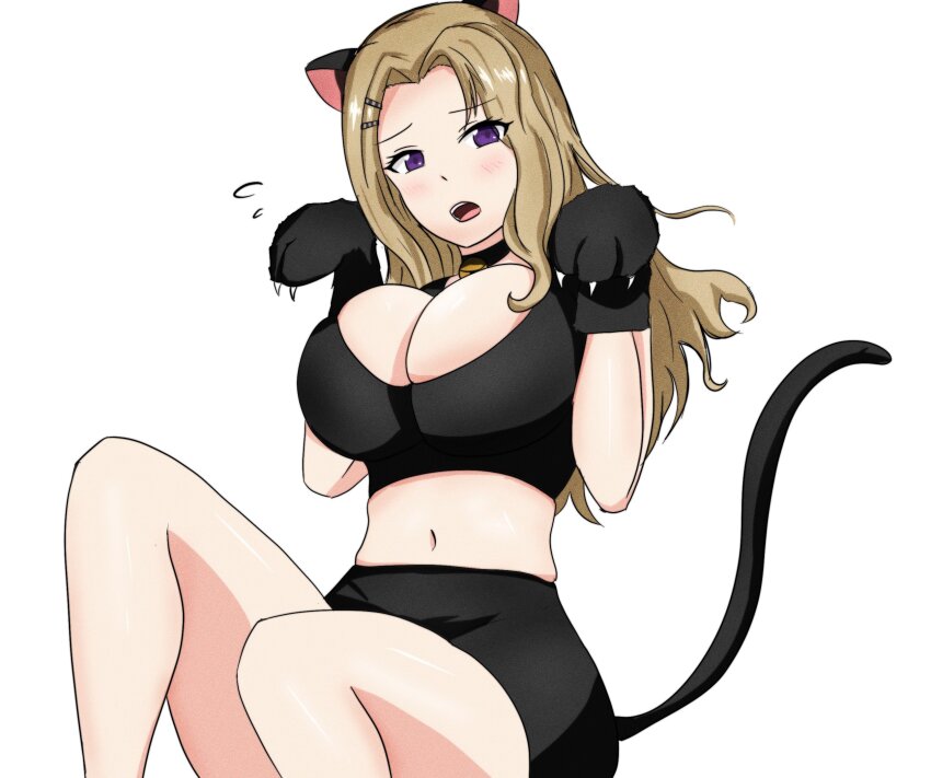 1girl, animal_ears, animal_hands, assault_lily, bell, black_choker, black_gloves, black_shirt, black_skirt, blush, breasts, cat_ears, cat_paws, cat_tail, choker, commentary_request, crop_top, fake_animal_ears, fake_tail, feet_out_of_frame, flying_sweatdrops, gloves, hair_ornament, hairclip, hands_up, highres, knees_up, large_breasts, light_brown_hair, long_hair, looking_at_viewer, midriff, miniskirt, navel, neck_bell, nukenin_(maato), open_mouth, parted_bangs, paw_gloves, paw_pose, purple_eyes, raised_eyebrows, shirt, simple_background, sitting, skirt, sleeveless, sleeveless_shirt, solo, tail, takashima_yakumo, teeth, upper_teeth_only, white_background