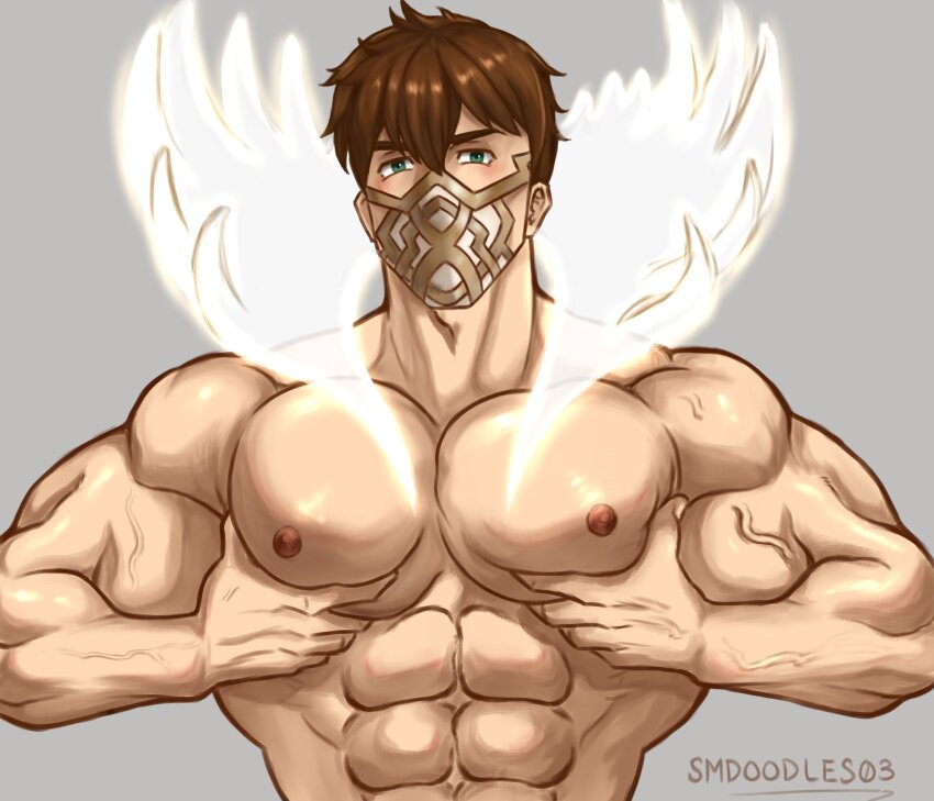 1boy, abs, antlers, bara, biceps, brown_hair, eikthyrnir_(fire_emblem), fire_emblem, fire_emblem_heroes, glowing_antlers, grabbing_own_pectoral, green_eyes, highres, horns, large_pectorals, looking_at_viewer, male_focus, mask, mouth_mask, nintendo, nipples, pectorals, short_hair, smdoodles03, solo, twitter_username, upper_body, veins, veiny_arms
