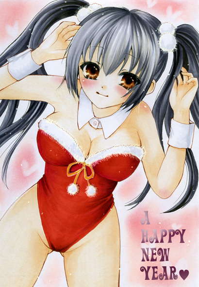 1girl, animal_ears, bare_legs, black_hair, breasts, brown_eyes, cleavage, fake_animal_ears, female_focus, k-on!, large_breasts, long_hair, nakano_azusa, new_year, playboy_bunny, rabbit_ears, sakurineko, solo, traditional_media, twintails