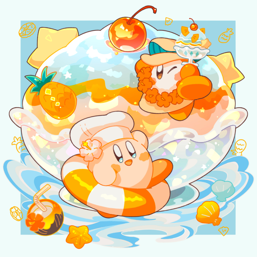 absurdres, black_eyes, blush_stickers, bright_pupils, chef_hat, cherry, cook_kirby, drink