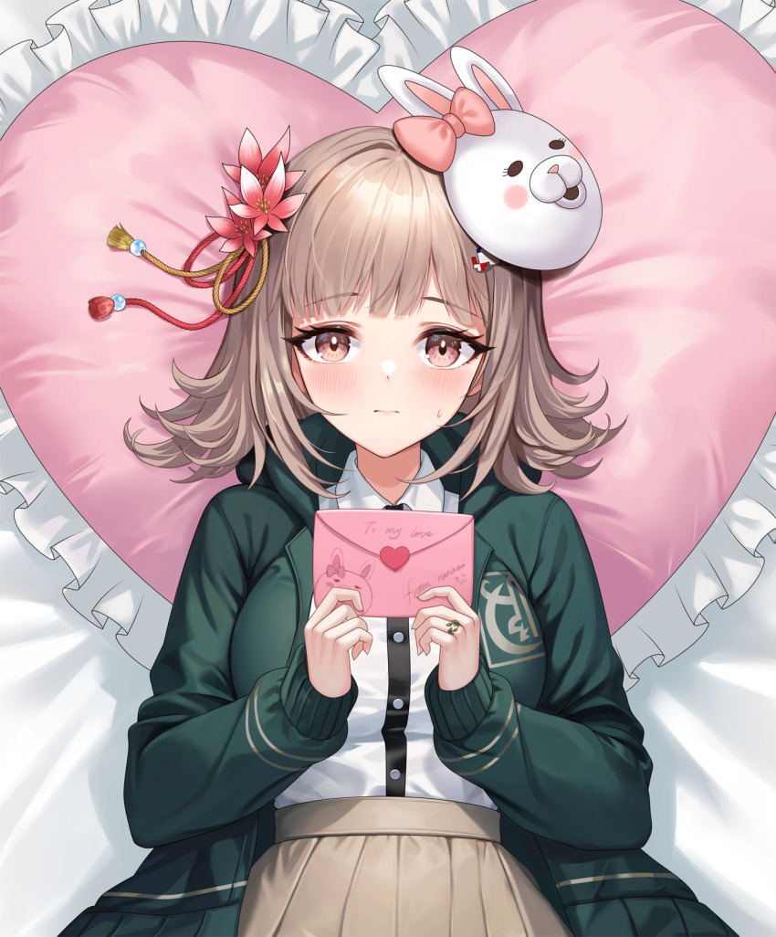 1girl, 71150521_(user_agrk2888), black_jacket, black_shirt, blush, bow, breasts, brown_hair