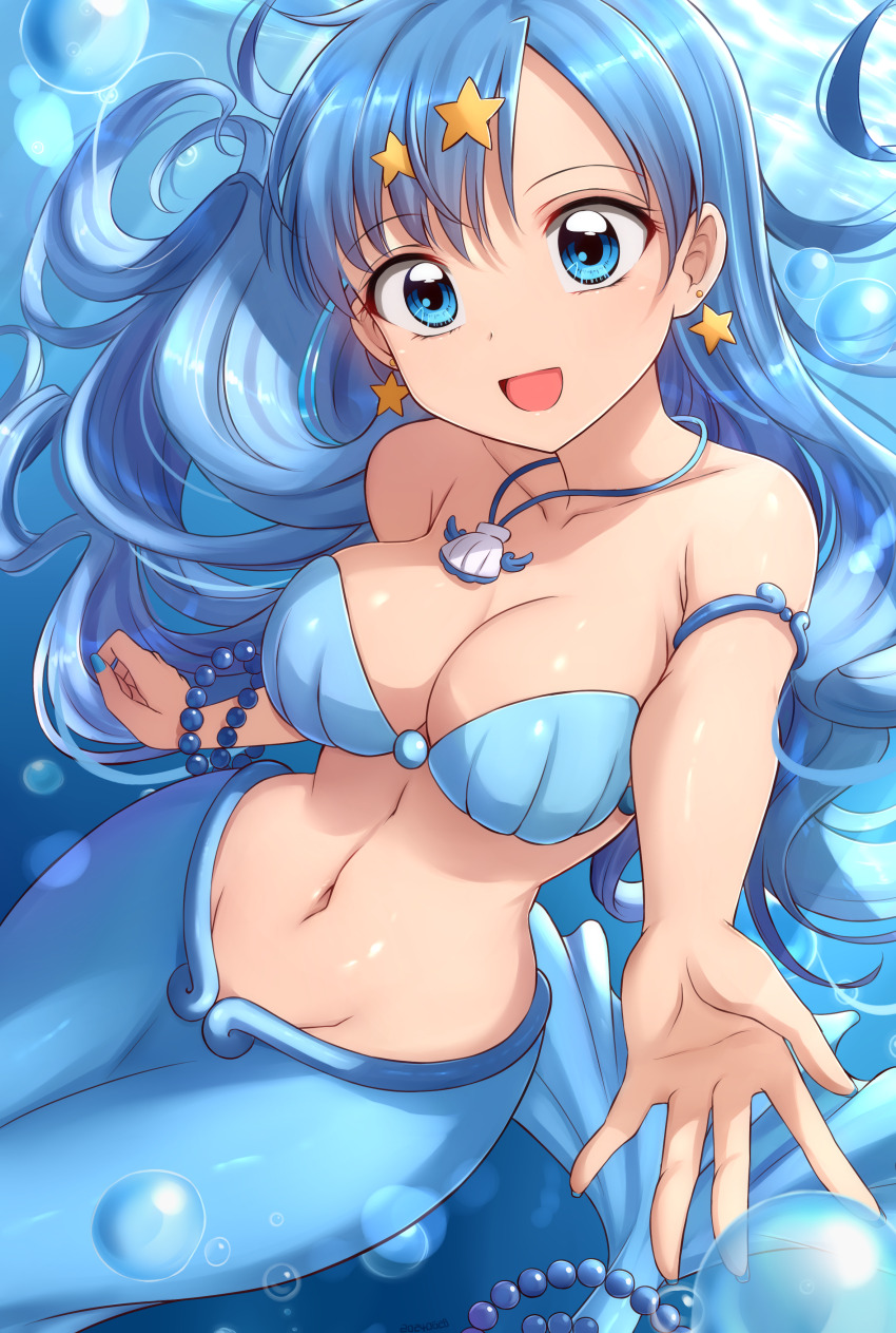 1girl, :d, absurdres, air_bubble, bare_shoulders, bead_tail_ornament, bikini, blue_eyes, blue_hair, blue_nails, bracelet, breasts, bubble, cleavage, collarbone, commentary_request, dated_commentary, earrings, groin, hair_between_eyes, hair_ornament, highres, houshou_hanon, houshou_hanon_(mermaid), jewelry, large_breasts, long_hair, looking_at_viewer, mermaid, mermaid_melody_pichi_pichi_pitch, monster_girl, nail_polish, navel, necklace, open_mouth, pearl_bracelet, shell, shell_bikini, shell_necklace, sidelocks, skywalker0610, smile, solo, star_(symbol), star_earrings, star_hair_ornament, stomach, tail, tail_ornament, underwater