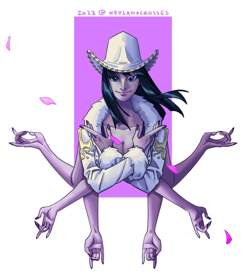 1girl, 2023, black_hair, blue_eyes, closed_mouth, coat, commentary, cowboy_hat, cropped_torso, crossed_arms, english_commentary, extra_arms, floating_hair, fur-trimmed_coat, fur_trim, hana_hana_no_mi, hat, highres, keysandcrosses, long_sleeves, looking_at_viewer, medium_hair, nail_polish, nico_robin, nico_robin_(alabasta), one_piece, petals, pink_petals, smile, solo, twitter_username, white_background