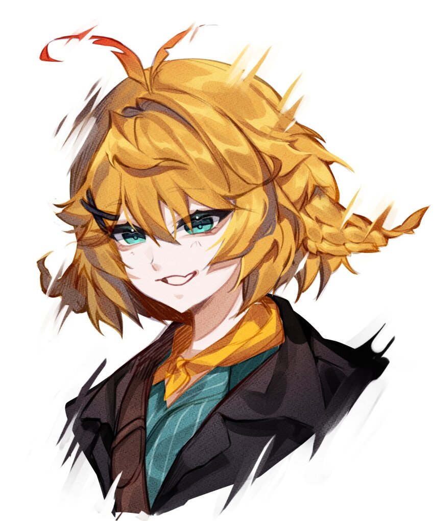 1girl, ahoge, aqua_shirt, black_jacket, blonde_hair, blue_eyes, dokibird, dokibird_(bounty_hunter)