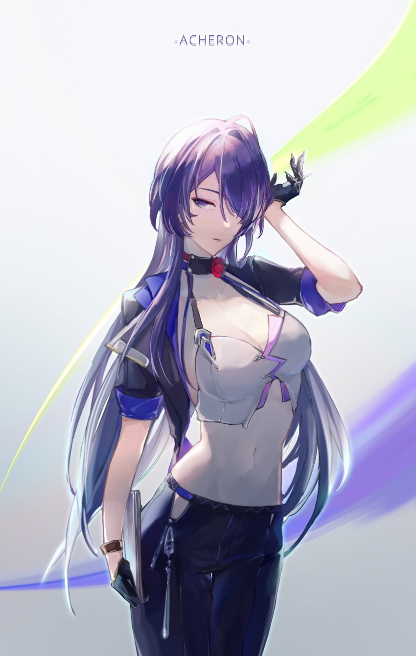 1girl, absurdres, acheron_(honkai:_star_rail), alternate_costume, black_choker, black_gloves, black_jacket, black_pants