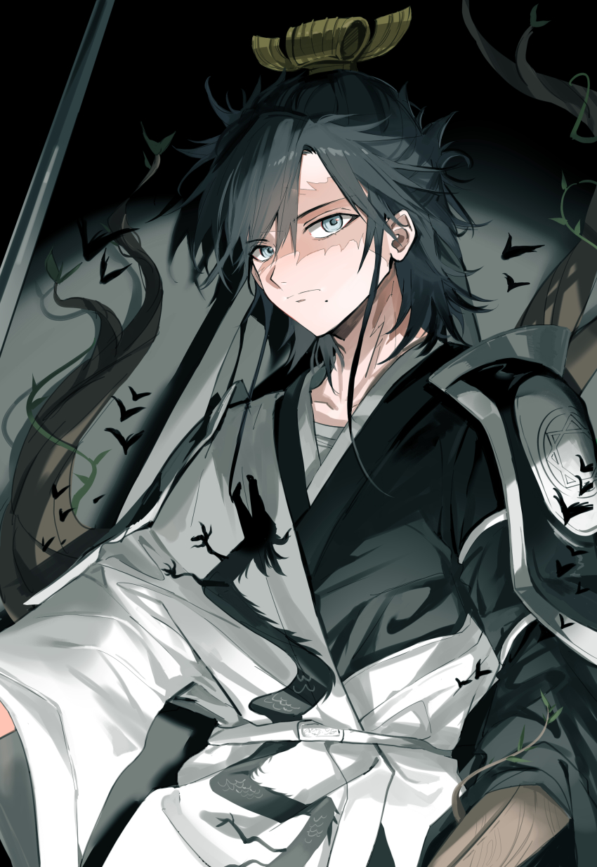 1boy, absurdres, armor, black_background, black_hanfu, black_rukh_(magi), blue_eyes, blue_hair