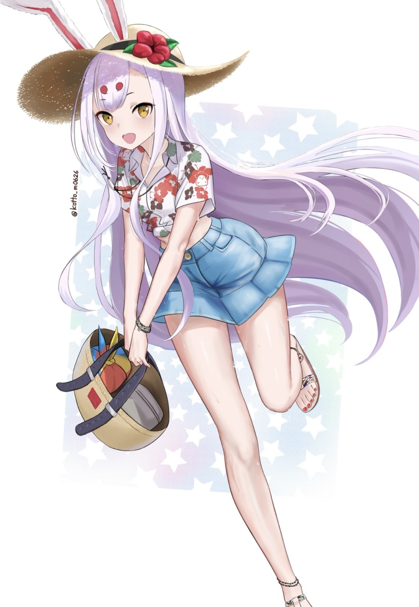 1girl, :d, animal_ears, azur_lane, bag, bare_legs, blue_skirt, blush