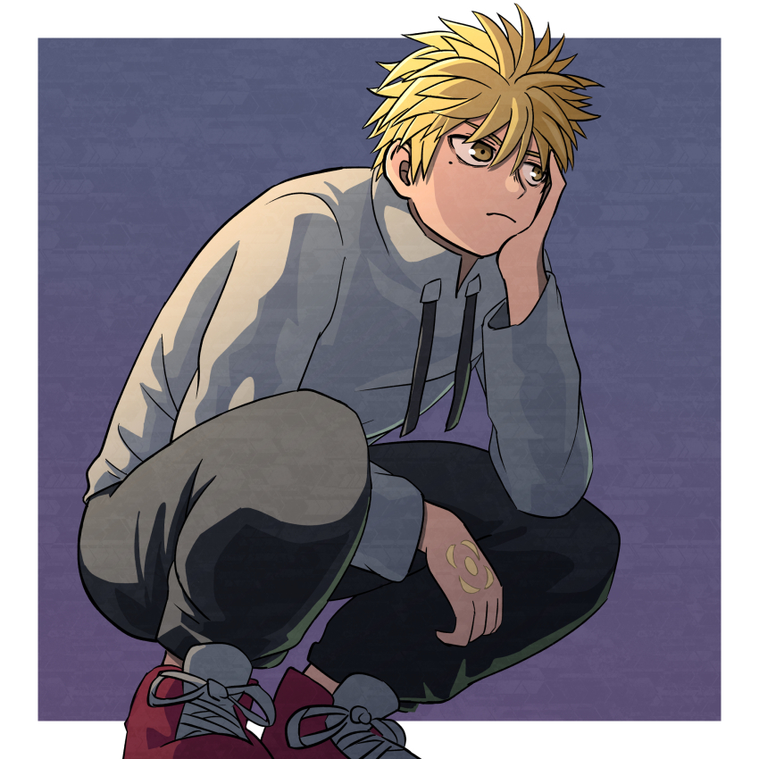 1boy, black_pants, blonde_hair, corleo_(mamayuyu), grey_background, grey_shirt, hand_on_own_cheek, hand_on_own_face