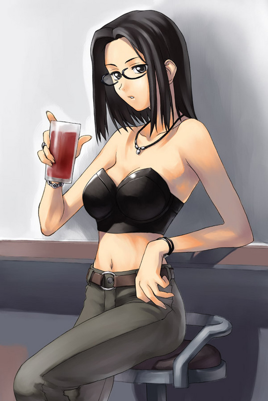 00s, 1girl, arm_support, bar_(place), bar_stool, bare_shoulders, belt, black-framed_eyewear