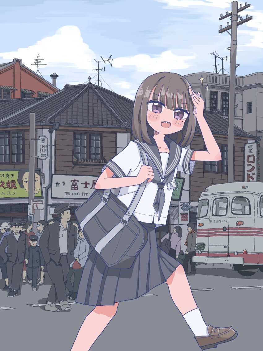 1975, bag, black_jacket, black_pants, blue_hat, blue_jacket, blue_pants, blush, brown_footwear, building, bus, cityscape, collarbone, crowd, grey_bag, grey_hair, grey_neckerchief, grey_sailor_collar, grey_skirt, hand_on_own_head, hands_in_pockets, hat, highres, hiyohiyomi, holding, holding_bag, jacket, loafers, long_hair, looking_at_viewer, medium_hair, motor_vehicle, multiple_boys, multiple_girls, neckerchief, open_clothes, open_jacket, open_mouth, original, pants, plaid_clothes, pleated_skirt, ponytail, radio_antenna, red_scarf, road, road_sign, sailor_collar, scarf, school_uniform, serafuku, shirt, shoes, short_hair, shoulder_bag, sign, skirt, socks, solo_focus, sparkle, street, utility_pole, walking, white_shirt, white_socks