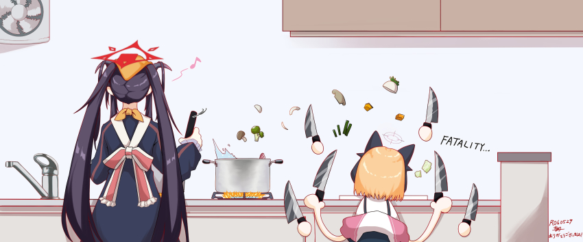 2girls, absurdres, animal_ear_headphones, animal_ears, black_dress, black_hair, black_horns, blonde_hair