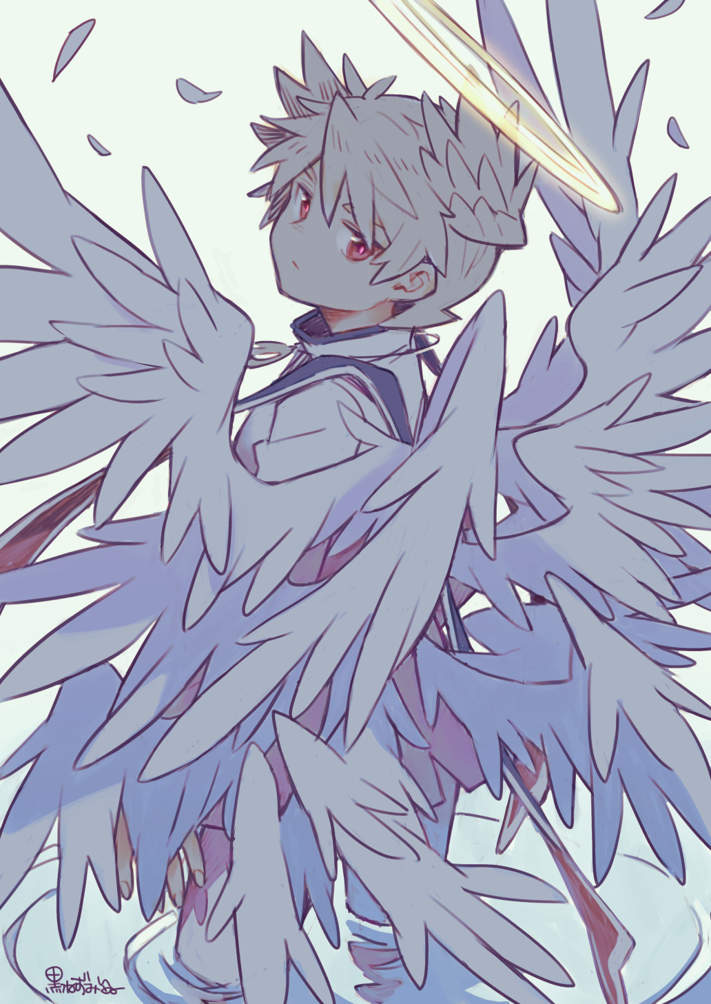 1boy, blonde_hair, closed_mouth, feet_out_of_frame, hair_wings, halo, highres, jewelry