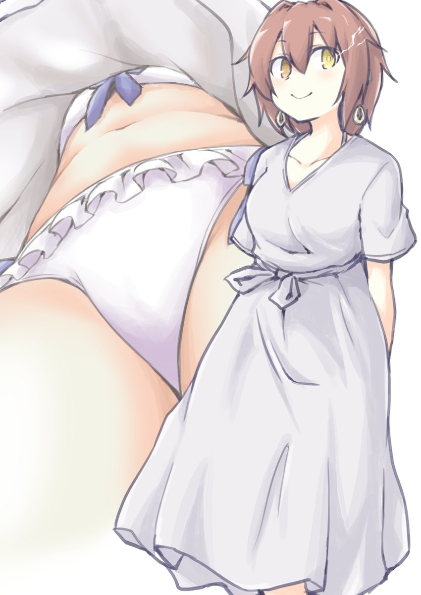 1girl, akara_kai, arms_behind_back, bikini, bikini_under_clothes, brown_hair, commentary_request, dress, earrings, feet_out_of_frame, frilled_bikini, frills, furutaka_(kancolle), furutaka_(summer)_(kancolle), glowing, glowing_eye, grey_dress, heterochromia, highres, hoop_earrings, jewelry, kantai_collection, mtu_virus, multiple_views, official_alternate_costume, short_hair, simple_background, swimsuit, upskirt, white_background, white_bikini, yellow_eyes