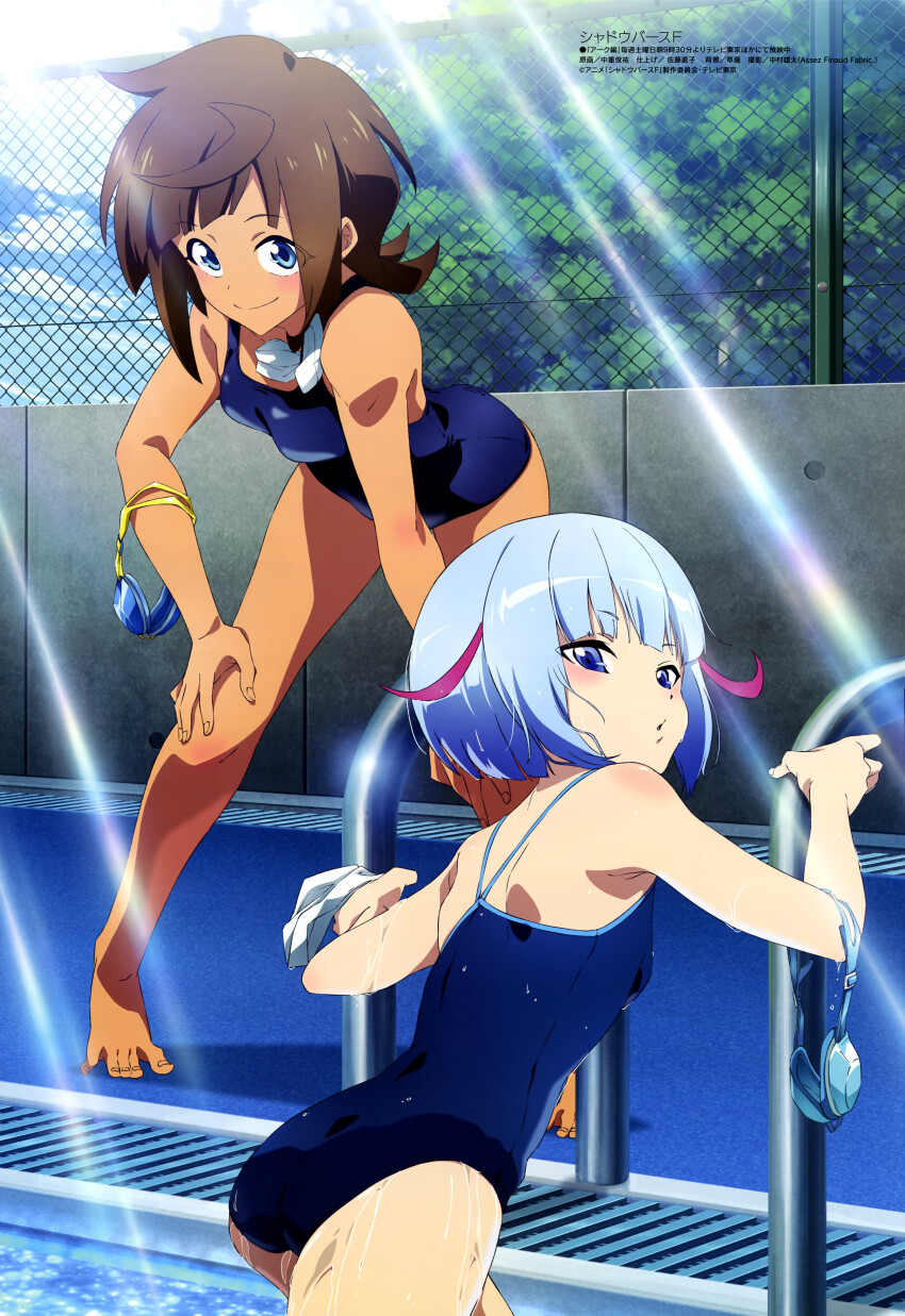 2girls, absurdres, bare_arms, bare_shoulders, barefoot, blue_eyes, blue_hair, blue_one-piece_swimsuit, blush, brown_hair, cloud, day, from_behind, goggles, hands_on_own_legs, highres, kazamatsuri_ren_(shadowverse_flame), looking_at_viewer, looking_back, magazine_scan, megami_magazine, multicolored_hair, multiple_girls, official_art, one-piece_swimsuit, otosaka_shion_(shadowverse_flame), outdoors, pool, scan, school_swimsuit, shadowverse, short_hair, sky, smile, standing, streaked_hair, sunlight, swimsuit, toes, translation_request, water, wet, wet_clothes