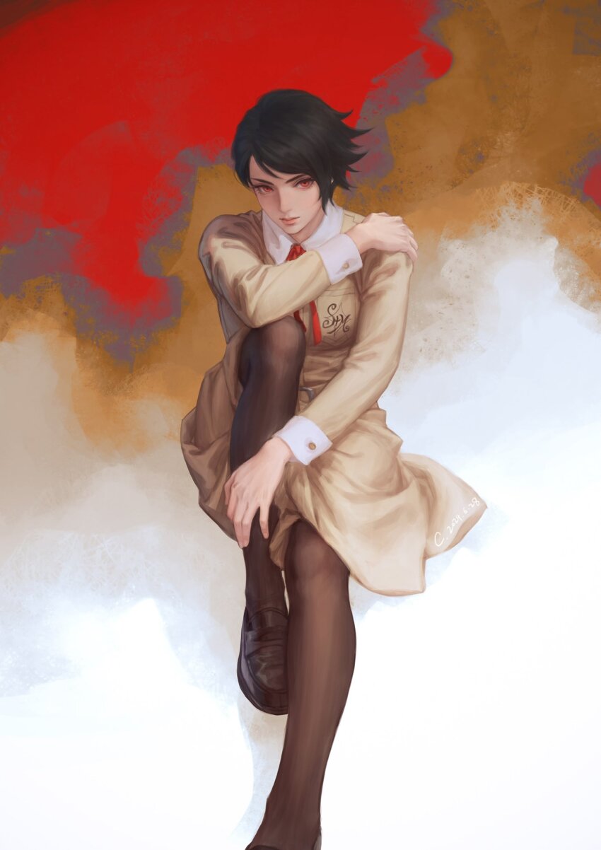 1girl, black_hair, closed_mouth, highres, hiromine_yoko, knee_up, looking_at_viewer, qingxingzhen