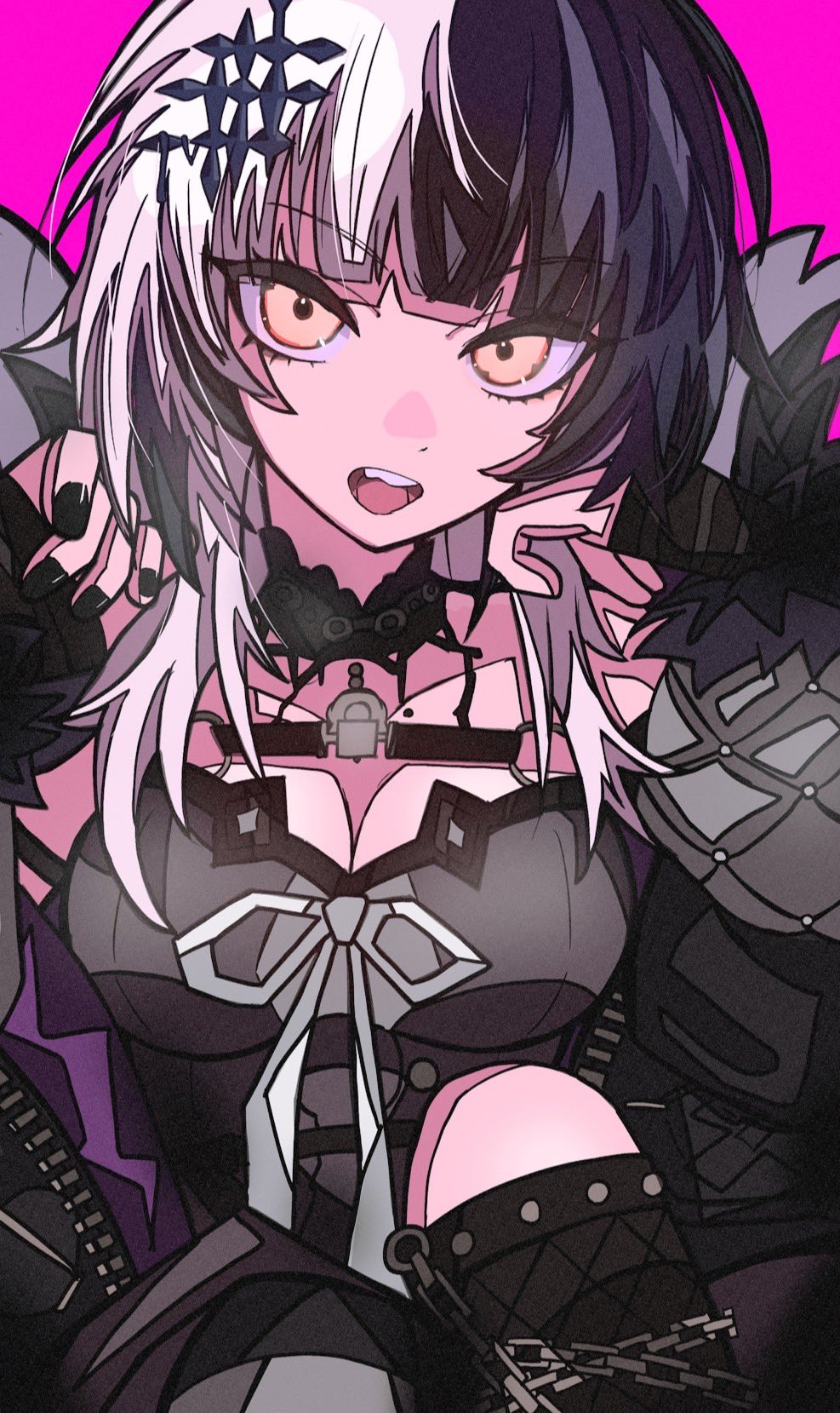 1girl, black_choker, black_coat, black_dress, black_eyeliner, black_hair, black_nails, black_socks, black_thighhighs, blunt_bangs, chain, chest_strap, choker, claw_pose, coat, dress, eyeliner, fishnet_socks, fishnets, fur-trimmed_coat, fur_trim, hair_ornament, head_rest, highres, hololive, hololive_english, kikkasoon, kneehighs, lace, lace-trimmed_choker, lace_choker, lace_trim, makeup, multicolored_hair, nail_polish, open_mouth, padded_coat, pink_background, ribbon, shiori_novella, shiori_novella_(1st_costume), single_kneehigh, single_sock, single_thighhigh, sleeveless, sleeveless_dress, socks, solo, split-color_hair, thighhighs, two-tone_hair, virtual_youtuber, white_hair, white_ribbon, yellow_eyes