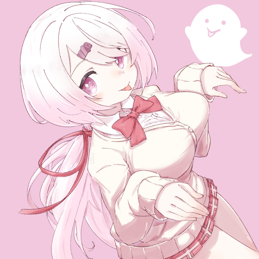 1girl, :p, bow, bowtie, breasts, buranka, cardigan, closed_mouth, collared_shirt, commentary_request, ghost, ghost_pose, gradient_hair, hair_ornament, hair_ribbon, hairclip, highres, large_breasts, long_hair, long_sleeves, looking_at_viewer, multicolored_hair, nijisanji, partial_commentary, pink_background, pink_bow, pink_bowtie, pink_eyes, pink_hair, pink_ribbon, pink_skirt, plaid_clothes, plaid_skirt, pleated_skirt, ponytail, ribbon, shiina_yuika, shiina_yuika_(1st_costume), shirt, simple_background, skirt, sleeves_past_wrists, smile, thighs, tongue, tongue_out, virtual_youtuber, white_shirt, yellow_cardigan