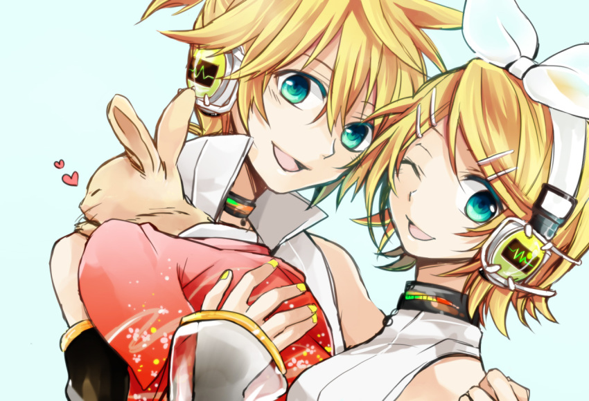 1boy, 1girl, aqua_eyes, arm_warmers, bad_id, bad_pixiv_id, blonde_hair, brother_and_sister