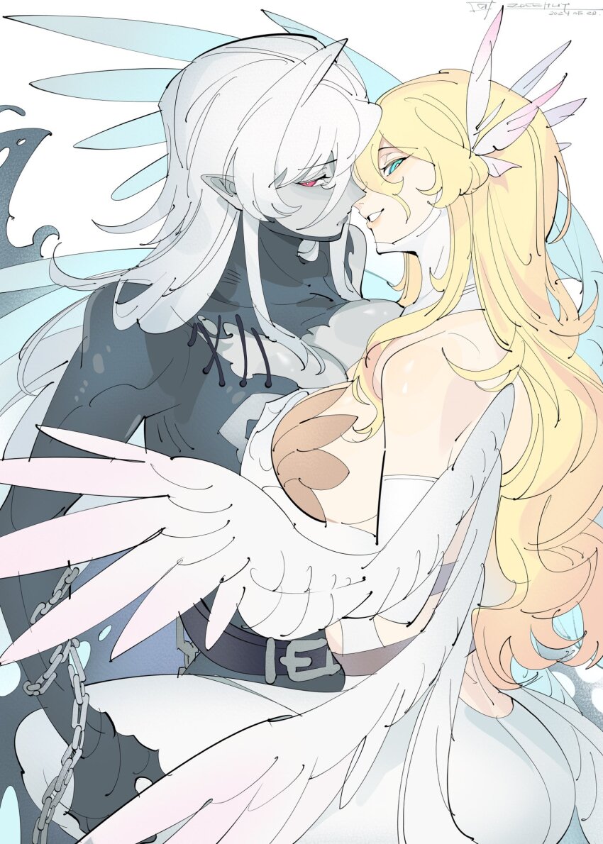 2girls, alternate_costume, angel, angel_and_devil, angel_wings, angewomon, asymmetrical_clothes, back_cutout