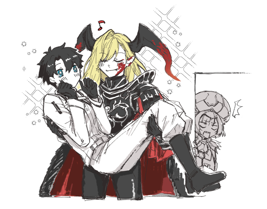 1boy, 2girls, black_gloves, black_hair, blonde_hair, blue_eyes, boots, cape