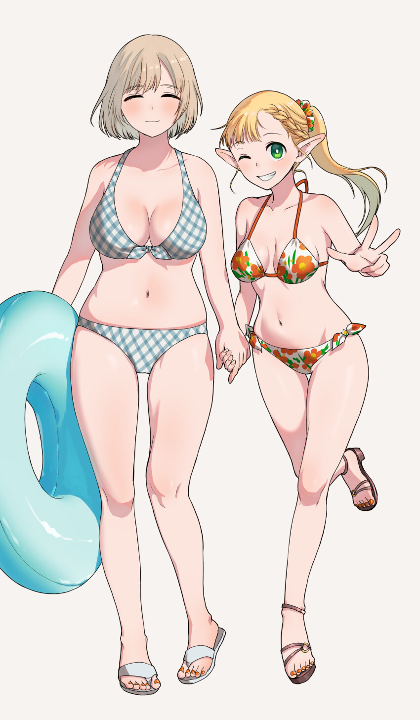 2girls, absurdres, arms_at_sides, asymmetrical_bangs, asymmetrical_hair, bare_arms, bare_legs, bare_shoulders, bikini, blonde_hair, braid, breasts, bright_pupils, brown_footwear, cleavage, closed_eyes, closed_mouth, collarbone, dungeon_meshi, facing_viewer, falin_touden, floral_print, foot_up, front-tie_bikini_top, front-tie_top, full_body, green_eyes, grey_background, grin, hair_ornament, hair_scrunchie, half_up_braid, halterneck, highres, holding, holding_hands, holding_swim_ring, innertube, kakukau, large_breasts, light_blush, long_hair, looking_at_viewer, marcille_donato, medium_breasts, multicolored_bikini, multiple_girls, nail_polish, navel, one_eye_closed, parted_bangs, plaid_bikini, plaid_clothes, pointy_ears, ponytail, print_bikini, red_nails, sandals, scrunchie, short_hair, side-tie_bikini_bottom, simple_background, single_braid, smile, standing, standing_on_one_leg, stomach, straight-on, straight_hair, swept_bangs, swim_ring, swimsuit, teeth, thigh_gap, toenail_polish, toenails, toes, white_footwear, white_pupils