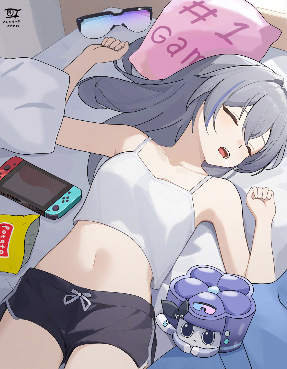 1girl, arms_up, artist_logo, bare_shoulders, black_shorts, blue-tinted_eyewear, breasts, chips_(food)