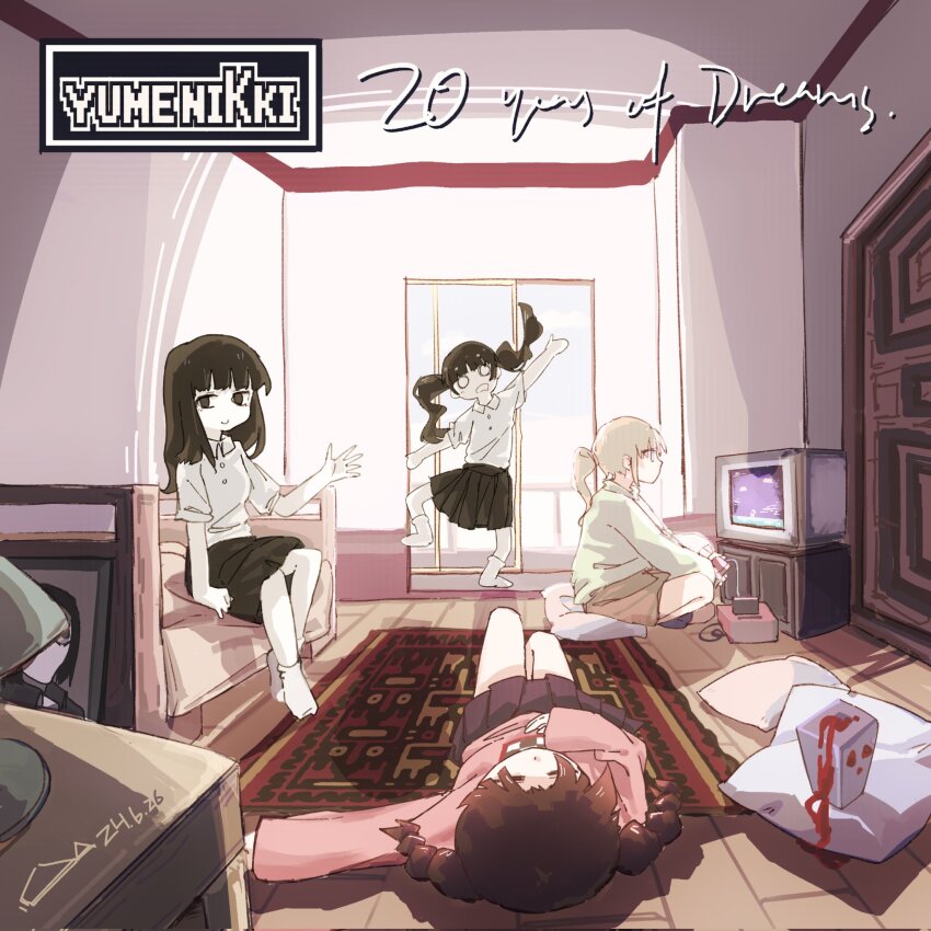 1boy, 1other, 4girls, ambiguous_red_liquid, apartment, balcony, bed, black_eyes