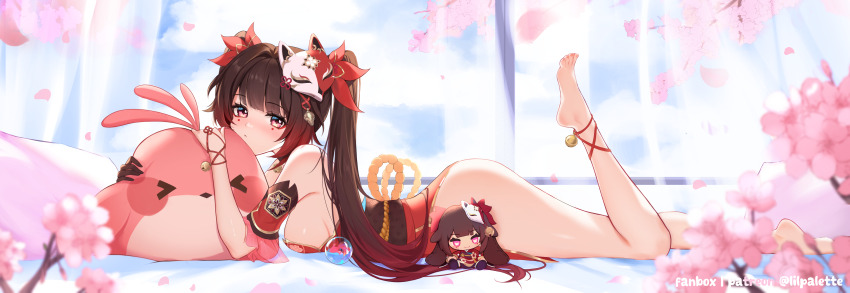 absurdres, ass, bare_shoulders, barefoot, blush, breasts, brown_hair, cherry_blossoms, curtains, fox_mask, hair_ornament, highres, honkai:_star_rail, honkai_(series), leg_up, lilpalette, long_hair, looking_at_viewer, lying, mask, medium_breasts, on_bed, red_eyes, sparkle_(honkai:_star_rail), twintails, very_long_hair