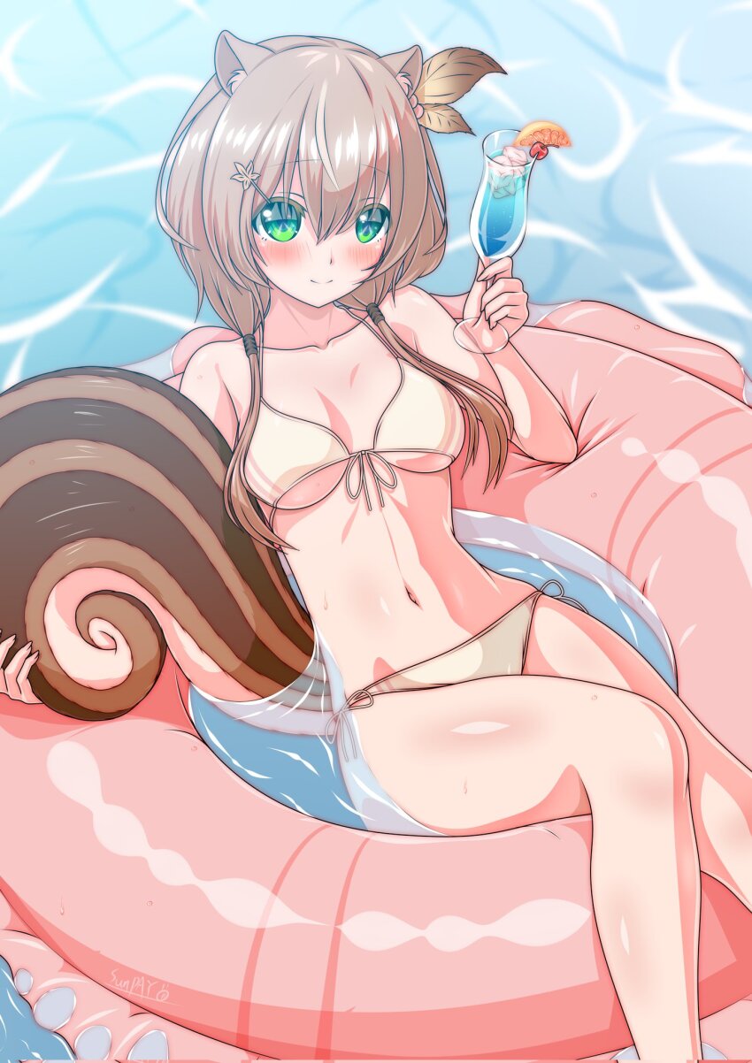 afloat, animal_ears, artist_name, ayunda_risu, bikini, blush, breasts, brown_hair