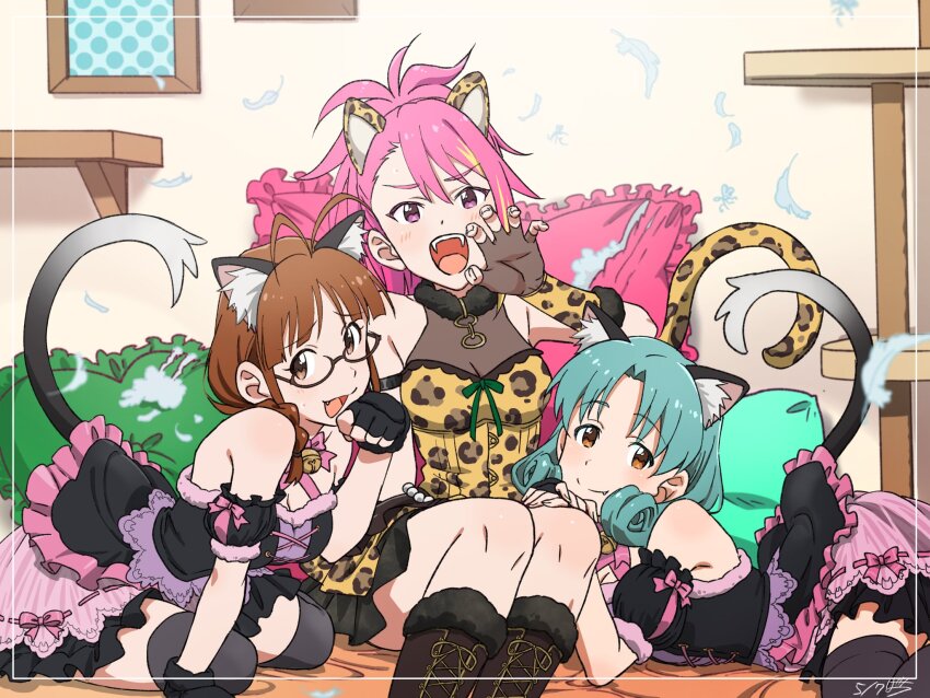 3girls, ahoge, akizuki_ritsuko, animal_ears, animal_print, bell, blonde_hair, boots