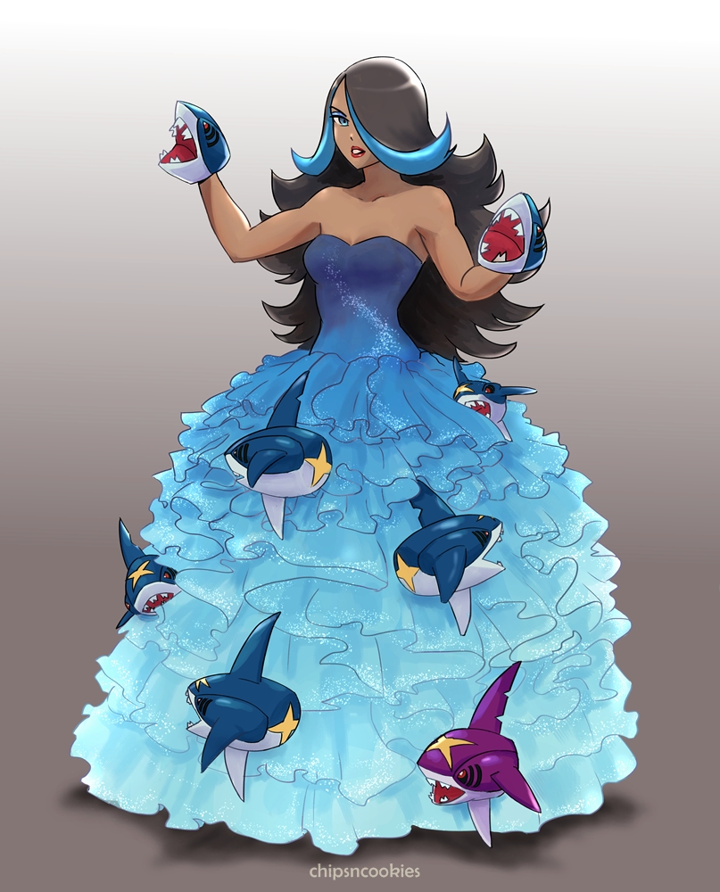 1girl, alternate_color, alternate_costume, bare_shoulders, black_hair, blue_dress, blue_eyes, blue_eyeshadow