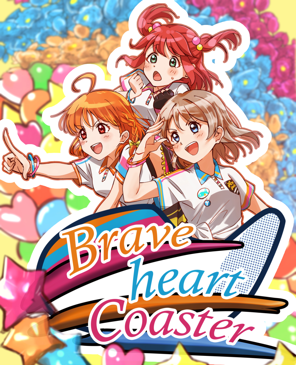 3girls, alternate_hairstyle, blue_eyes, blush, braveheart_coaster, brown_hair, cyaron!_(love_live!), highres