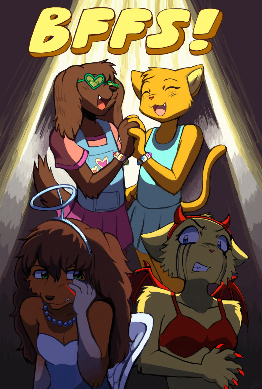 2girls, age_comparison, angel, angry, animal_ears, animification, blood, bra