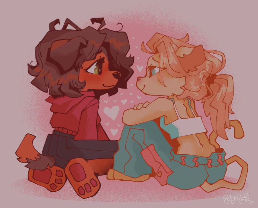 2girls, animal_ears, astroeden, blonde_hair, brooke_hayes, brown_hair, cat_ears, cat_girl, cat_tail, crop_top, dog_ears, dog_girl, dog_tail, furry, furry_female, heart, highres, hood, hoodie, littlest_pet_shop:_popular, multiple_girls, pants, pawpads, ponytail, savannah_reed, sitting, tail, yuri