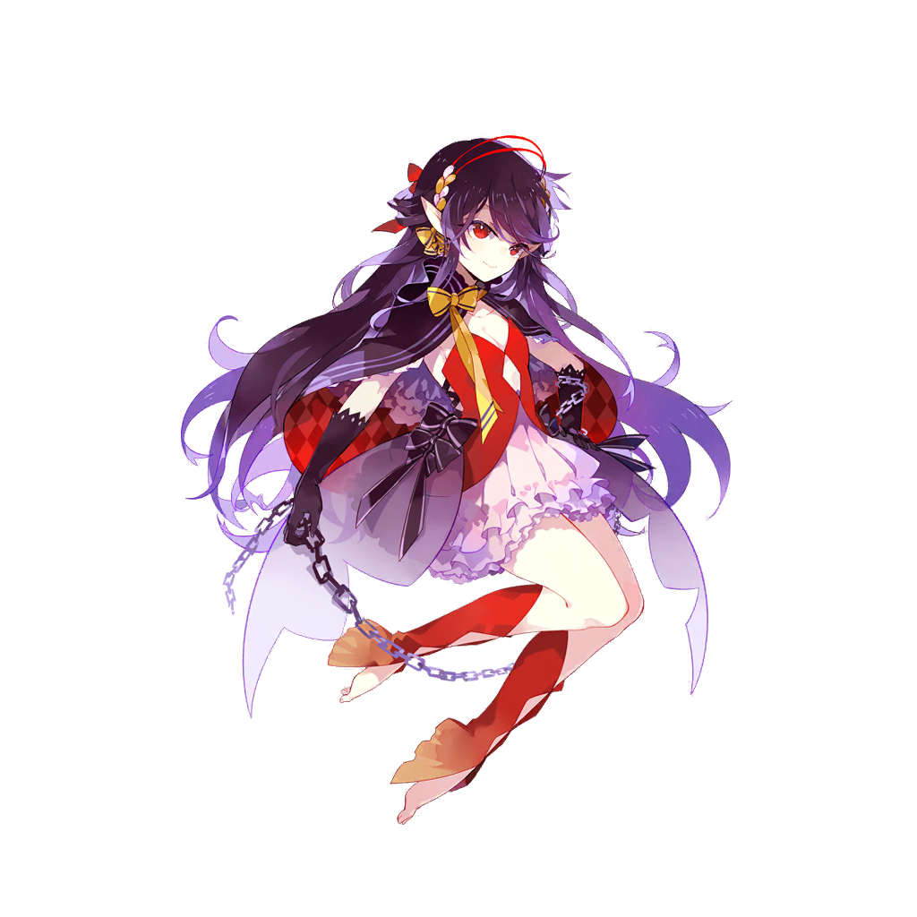 1girl, barefoot, bow, brynhild_(honkai_gakuen), chain, closed_mouth, dress, full_body, hair_ornament, holding, holding_chain, honkai_(series), honkai_gakuen, long_hair, official_art, pointy_ears, purple_hair, red_eyes, solo, third-party_source, transparent_background