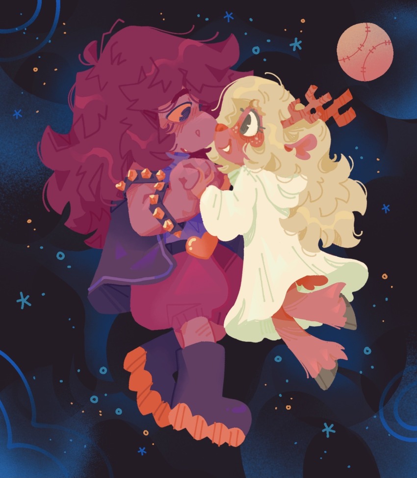 2girls, antlers, astroeden, baseball, boots, deer_girl, deltarune, dress, eye_contact, eyelashes, furry, furry_female, heart, highres, holding_hands, hood, hood_down, horns, long_hair, looking_at_another, multiple_girls, noelle_holiday, noelle_holiday_(dark_world), reptile_girl, smile, susie_(dark_world)_(deltarune), susie_(deltarune), utdr_(toby_fox), yuri