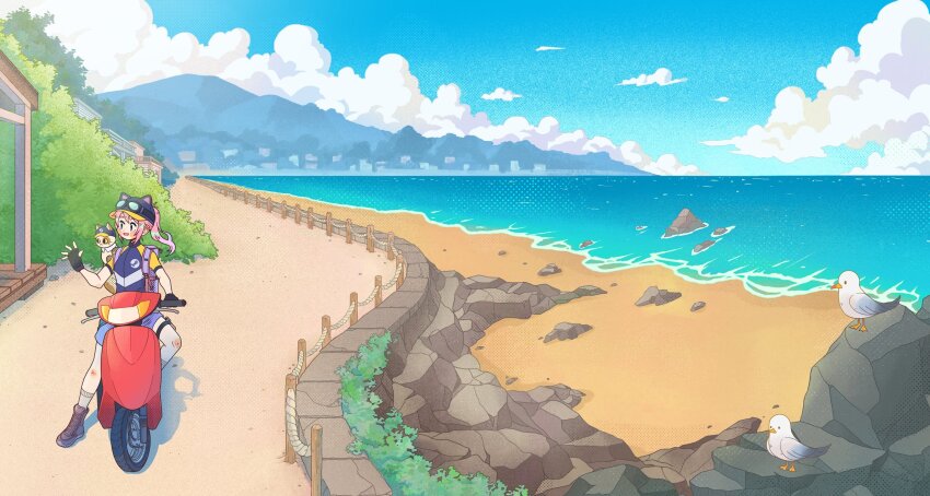 1girl, :d, animal_hat, backpack, bag, baseball_cap, beach, bird, black_gloves, blue_eyes, blue_hat, blue_shorts, blue_sky, boots, brown_boots, calico_(pattern), cat, cat_hat, cloud, commentary, english_commentary, fingerless_gloves, gloves, goggles, goggles_on_headwear, grey_socks, hat, highres, looking_to_the_side, motor_vehicle, nemupan, ocean, official_art, on_scooter, open_mouth, pink_hair, ponytail, pouch, promotional_art, purple_bag, raglan_sleeves, scooter, seagull, shirt, short_sleeves, shorts, sidelocks, sky, smile, socks, solo, steam_(platform), steam_delivery_girl, thigh_pouch, thigh_strap, waving, yellow_shirt