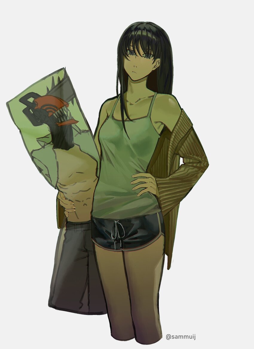 1girl, black_hair, camisole, chainsaw_man, collarbone, cropped_legs, denji_(chainsaw_man), highres