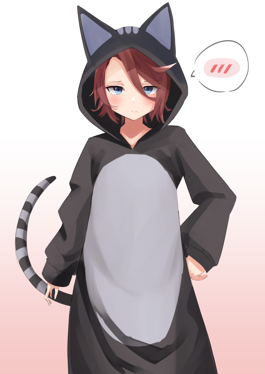 1girl, alternate_costume, animal_costume, animal_ear_hood, animal_hood, black_rabbit_77, blush, brown_hair