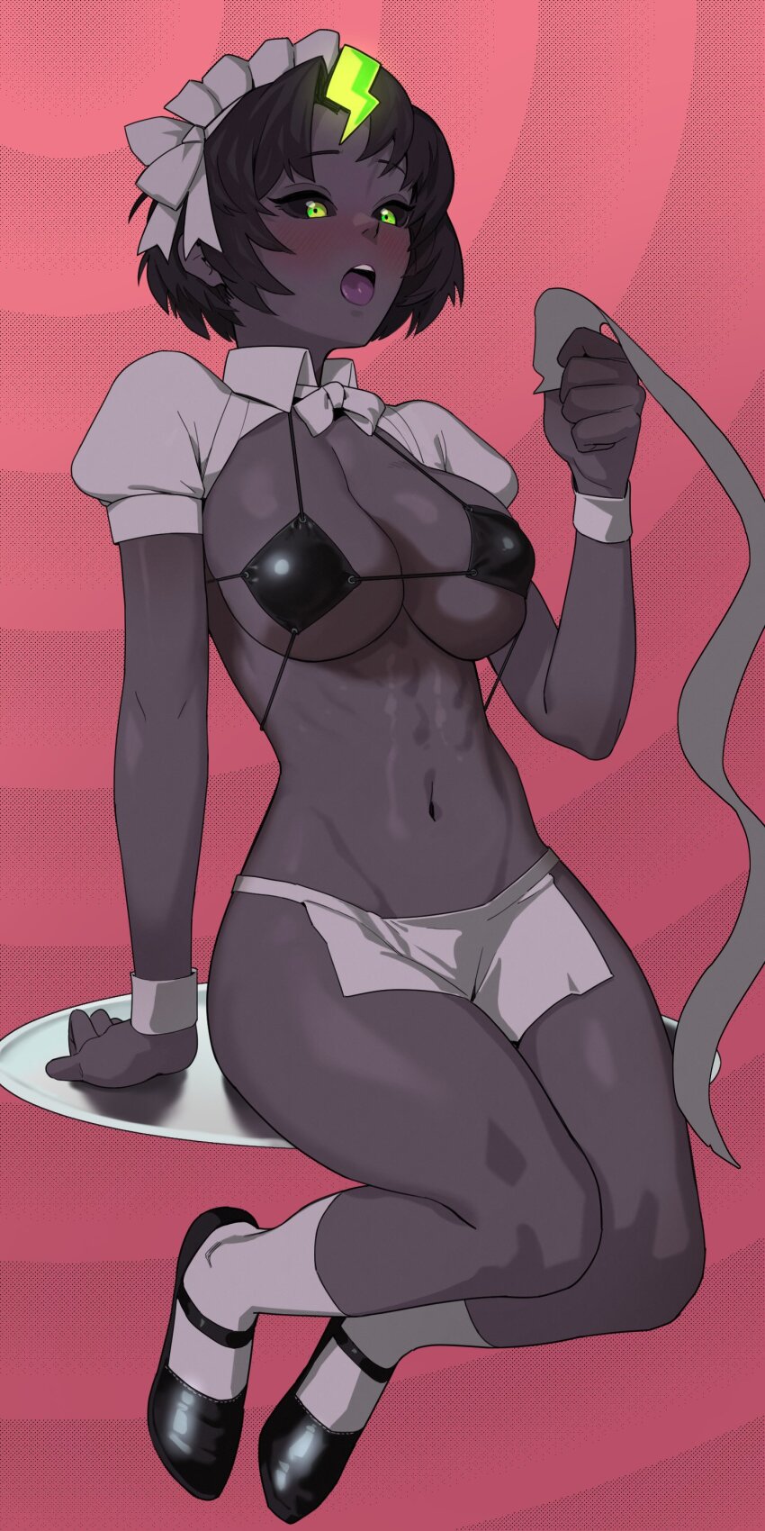 1girl, abs, absurdres, bikini, bikini_top_only, black_hair, black_sclera, black_shoes