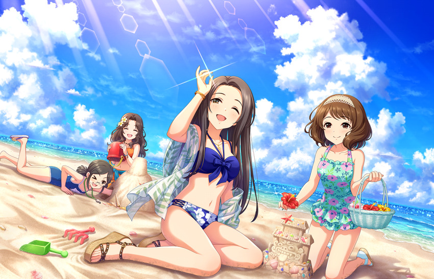 4girls, annindoufu_(oicon), ariura_kanna, basket, beach, bikini, brown_eyes, brown_hair