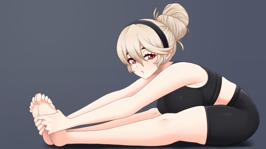 1girl, armpit_crease, bare_shoulders, barefoot, bike_shorts, black_hairband, black_tank_top, blonde_hair