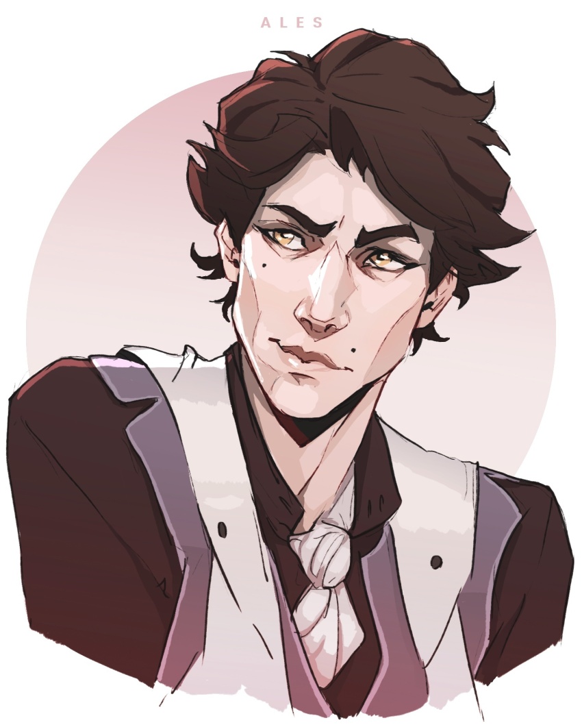 1boy, ales, arcane:_league_of_legends, artist_name, brown_hair, brown_shirt, cheekbones, collared_shirt