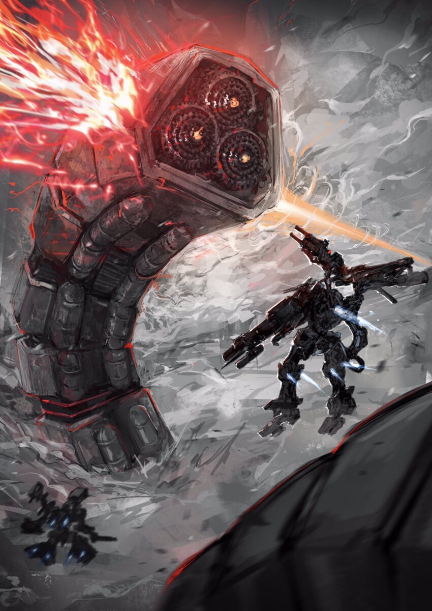 armored_core, armored_core_vi:_fires_of_rubicon, flying, highres, holding, holding_weapon, ia-02:_ice_worm, mecha, mecha_focus, missile_pod, nira_(nira_box), no_humans, non-humanoid_robot, open_faith_(armored_core_vi), orange_eyes, outdoors, pile_bunker, robot, science_fiction, shoulder_cannon, thrusters, weapon