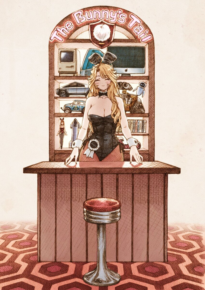 1girl, :3, ahoge, akira_(manga), bar_stool, black_bow, black_bowtie, bow, bowtie, breasts, cleavage, closed_eyes, eve_(wall-e), fishnet_thighhighs, fishnets, hands_on_table, highres, imac, kaneda_shoutarou's_bike, large_breasts, long_hair, looking_at_viewer, maguta, original, playboy_bunny, pointy_chin, solo, spacex_starship, stool, tesla_cybertruck, thighhighs, videocassette, wall-e, wall-e_(character), wrist_cuffs