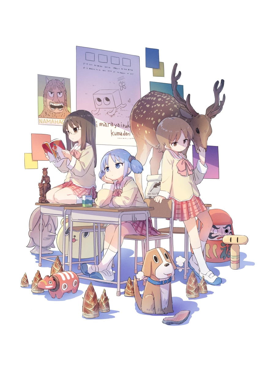 3girls, absurdres, aioi_yuuko, animal, bamboo_shoot, black_eyes, black_hair, blue_eyes, blue_hair, book, brown_eyes, brown_hair, cardigan, chair, cube_hair_ornament, daruma_doll, deer, desk, dog, glasses, hair_ornament, highres, holding, holding_book, long_hair, long_sleeves, minakami_mai, multiple_girls, naganohara_mio, nakamori_kemuri, namahage, nichijou, oguri_cap_(nichijou), open_book, pleated_skirt, reading, red_skirt, salmon, school_chair, school_desk, school_uniform, shoes, short_hair, short_twintails, sitting, skirt, socks, tokisadame_school_uniform, twintails, white_footwear, white_socks, yellow_cardigan