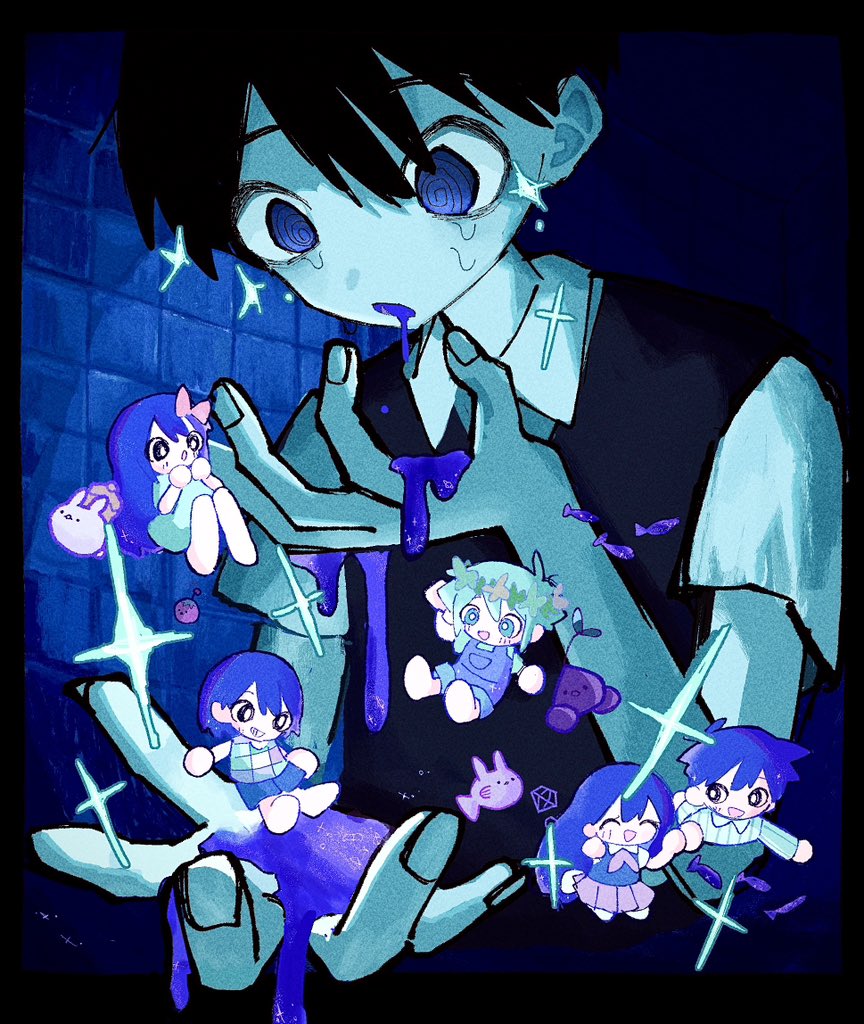 2girls, 4boys, @_@, aubrey_(headspace)_(omori), aubrey_(omori), basil_(headspace)_(omori), basil_(omori), black_hair