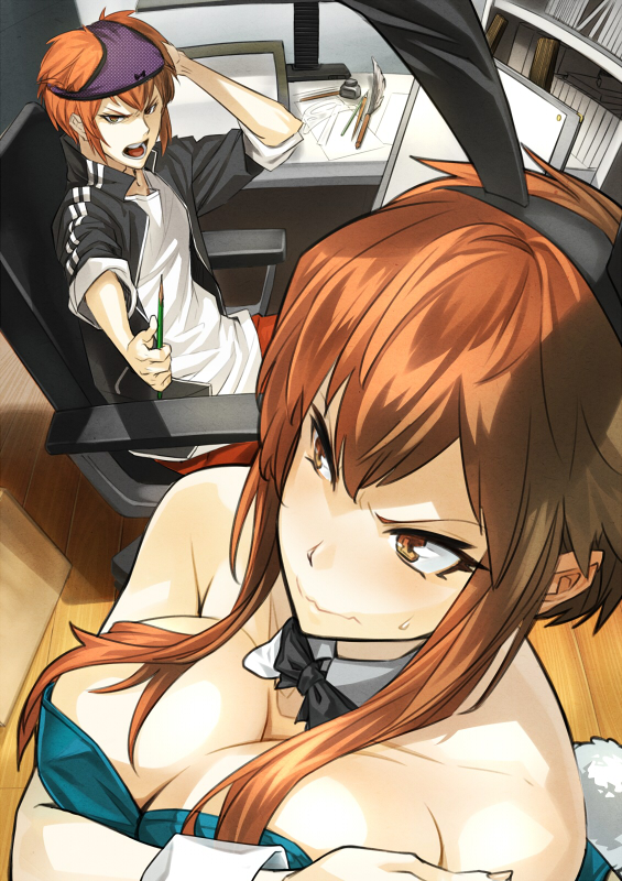 1boy, 1girl, animal_ears, bare_shoulders, bow, bowtie, breast_hold, breasts, brother_and_sister, brown_eyes, brown_hair, chair, cleavage, desk, detached_collar, easel, fake_animal_ears, hokenshitsu_no_shinigami, holding, inkwell, jacket, looking_at_another, object_on_head, open_mouth, original, panties, panties_on_head, pen, pencil, playboy_bunny, rabbit_ears, saizaki_minori, saizaki_yoshinori, shimotsuki_eight, short_hair, siblings, sidelocks, sitting, sweatdrop, track_jacket, twins, underwear, wavy_mouth, wooden_floor, wrist_cuffs
