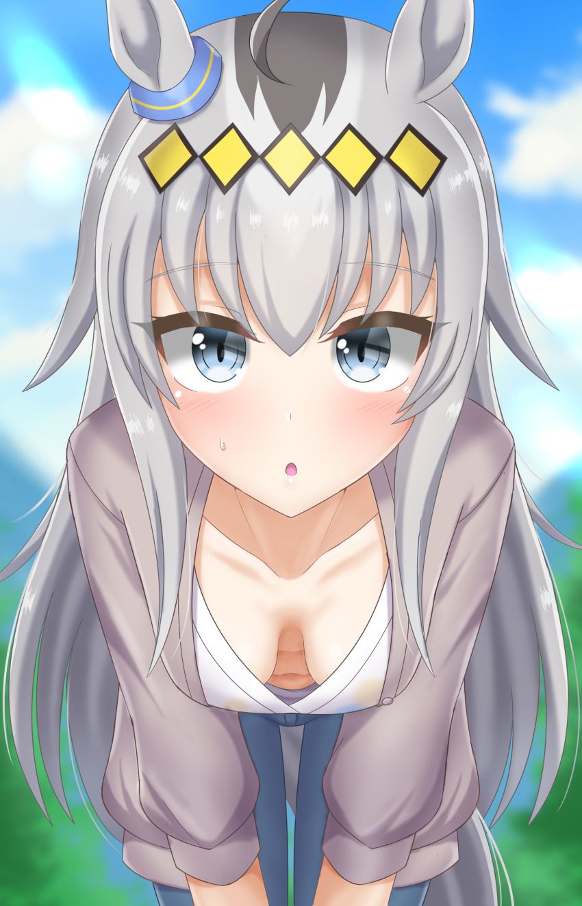 1girl, absurdres, ahoge, animal_ears, blue_eyes, blurry, blurry_background, blush