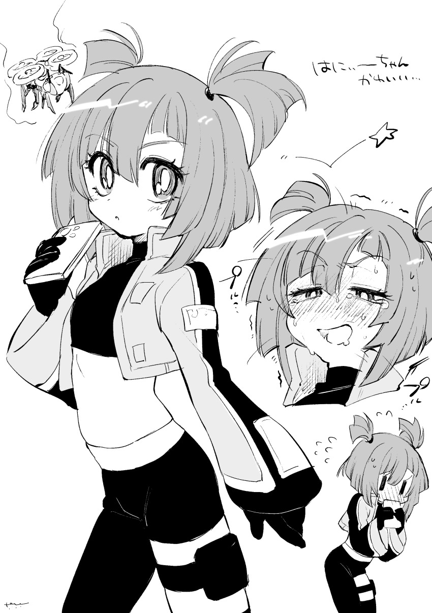 1girl, absurdres, arm_at_side, asymmetrical_clothes, bee, blush, bug, cellphone